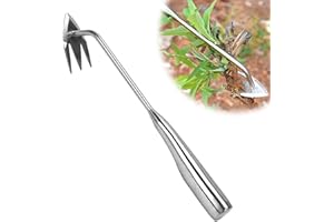 Amposei Stainless Steel Multifunctional Weeder, Hand Weeder Tool Stand Up Weed Puller Tool with Long Handle, V-Shaped Light Duty Hand Weeder for Lawn Garden Yard Farm Weed Removal (Stainless Steel)