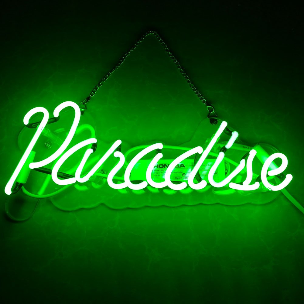 LiQi ™ Paradise Real Glass Handmade Neon Wall Signs for Room Decor Home Bedroom Girls Pub Hotel Beach Cocktail Recreational Game Room (14" x 5") (Green)