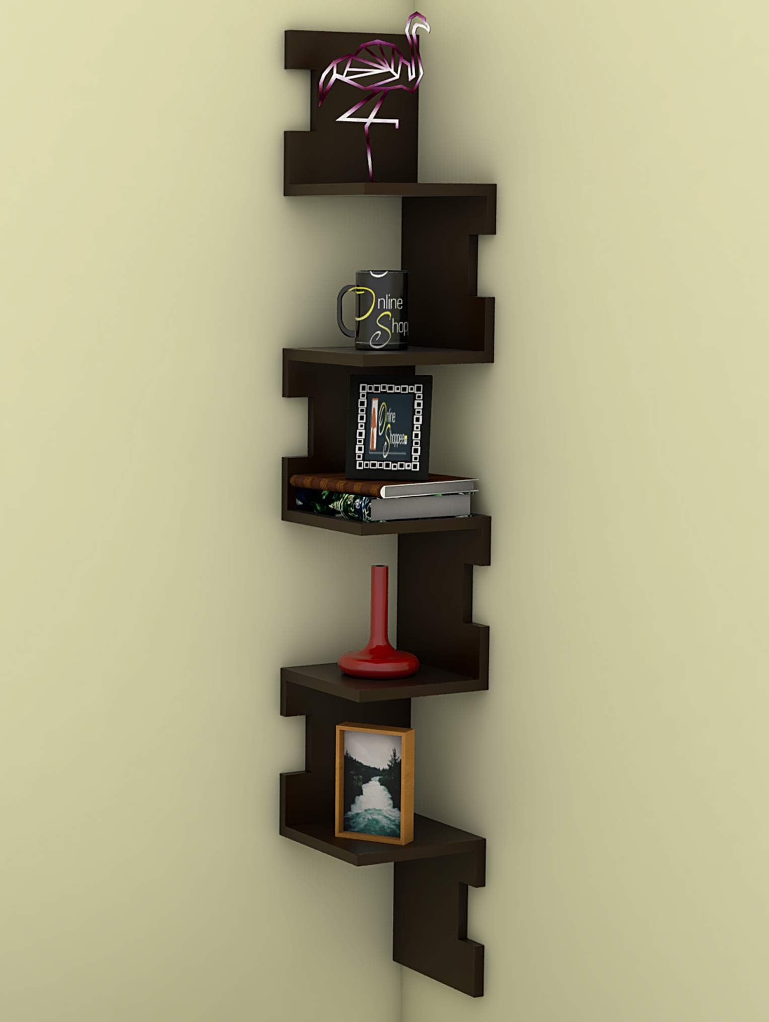 Onlineshoppee Zig Zag Alzak Floating Corner Shelves (Brown)