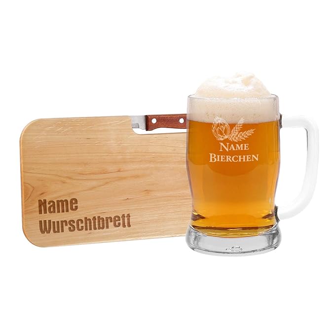 Leonardo Genießer Set bestehend aus Leonardo Bierseidel und Frühstücksbrettchen mit Gravur des Namens