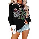 MOUSYA Christmas Sequin Sweatshirts Women Rhinestone HoHoHo Christmas Shirt Funny Santa Tee Xmas Long Sleeve Pullover Top