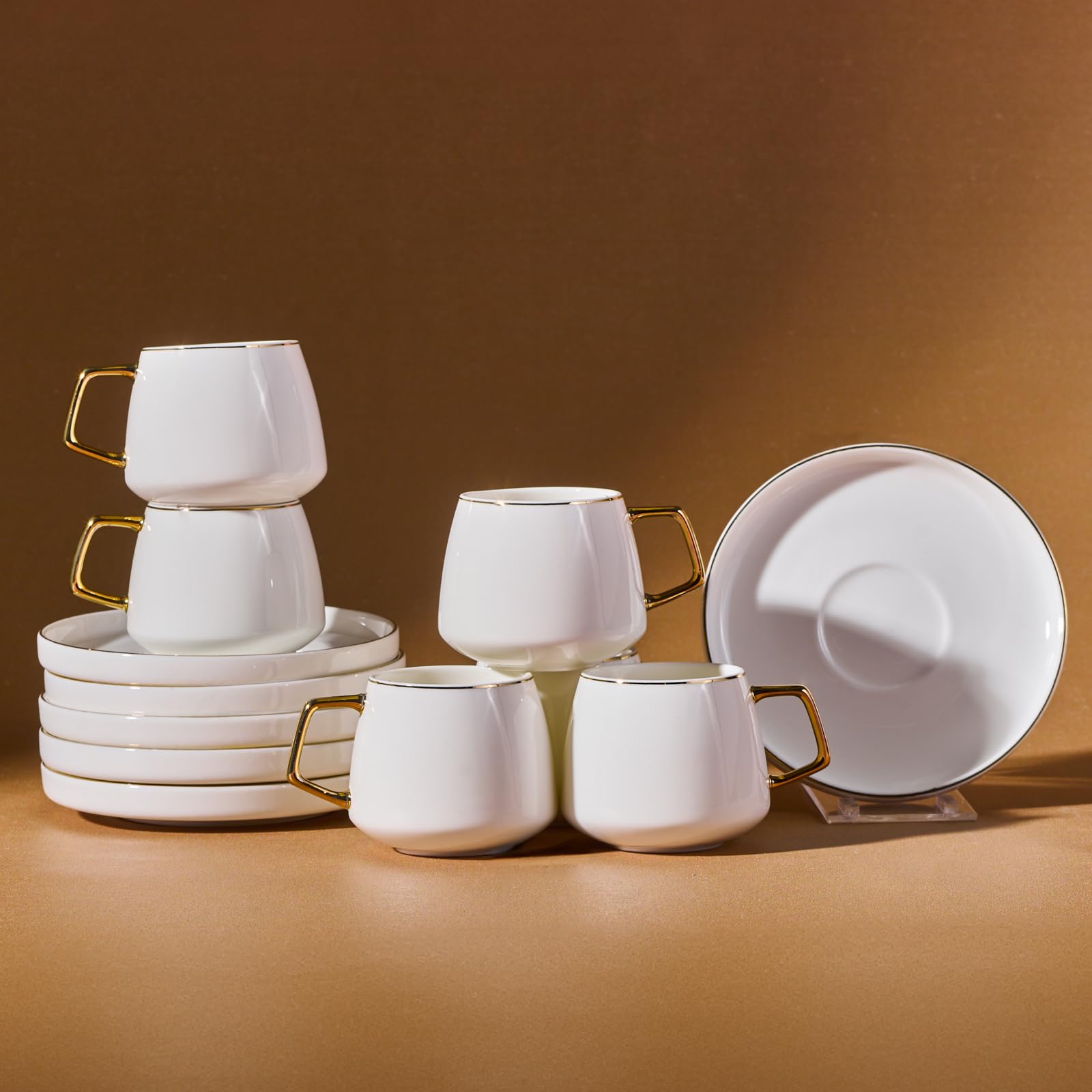 KARACA Saturn Gold Turkish Coffee Cup Set for 6 People, 12 Piece Espresso Cups with Saucers, Small Porcelain Modern Set for Serving Greek, Arabic Coffee (100ml)