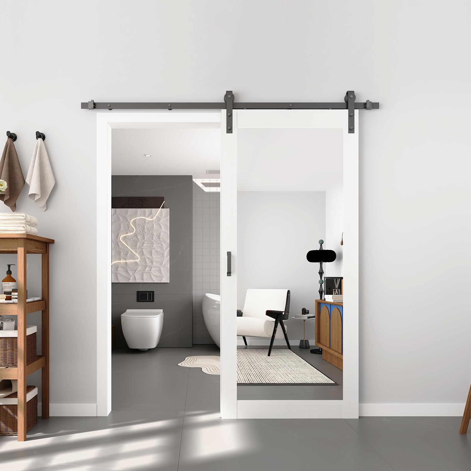 Photo 1 of BARNSMITH 36in x 80in Mirror Barn Door with 6.6FT Sliding Door Hardware Kit Included, 1 Lites Full Length Mirror Door, Solid Wood Water-Proof PVC Surface,No Assembly Required,White