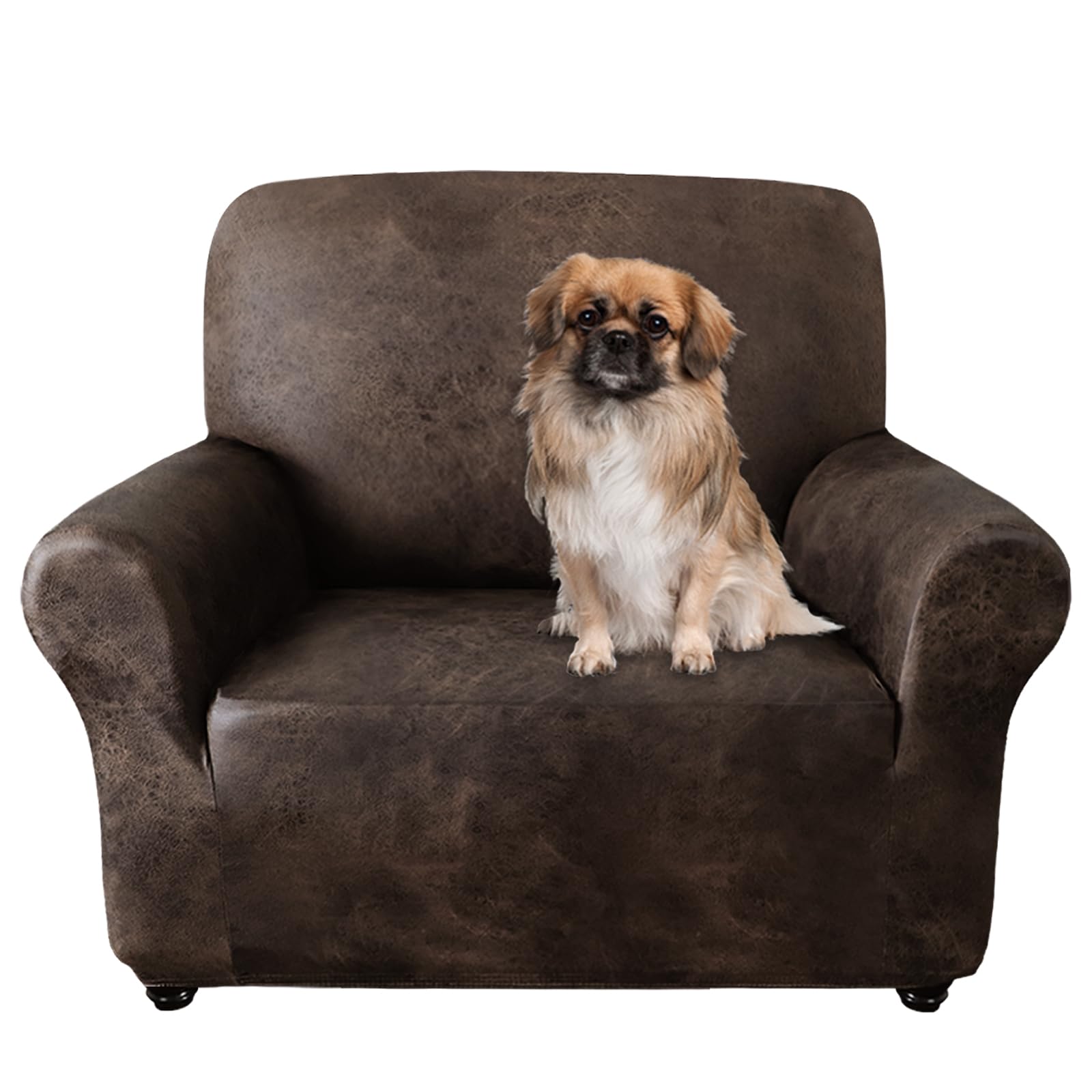 Photo 1 of ANARACHON Sofa Chair Cover, Couch Covers for Leather Couches, Stretch Armchair Cover with Leather-Like Texture, Washable, Non-Slip 1-Piece Couch Cover for Dogs, Cats and Kids (Chair, Brown)