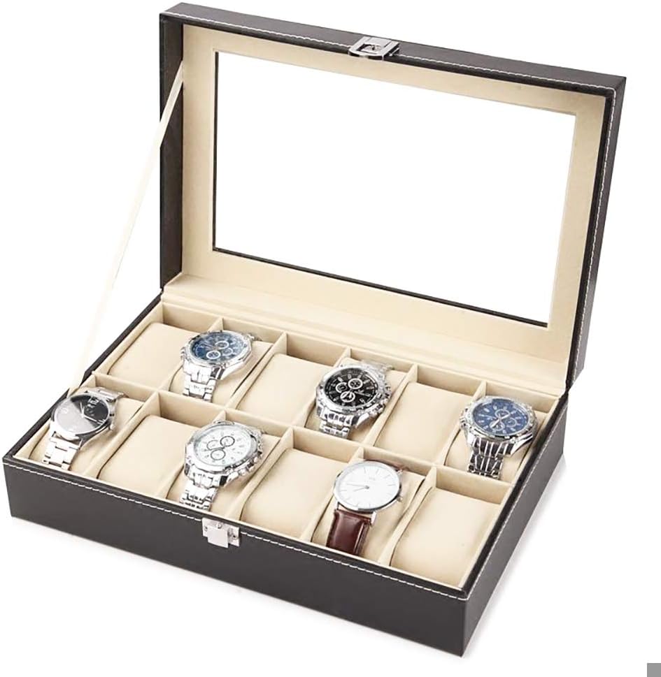 Hedume 12 Slot Leather Watch Box Display Case Organizer with Framed Glass Lid Elegant Contrast and Removable Pillow for Men and Women Watch and Jewelry Large Holder Boxes: Home Improvement