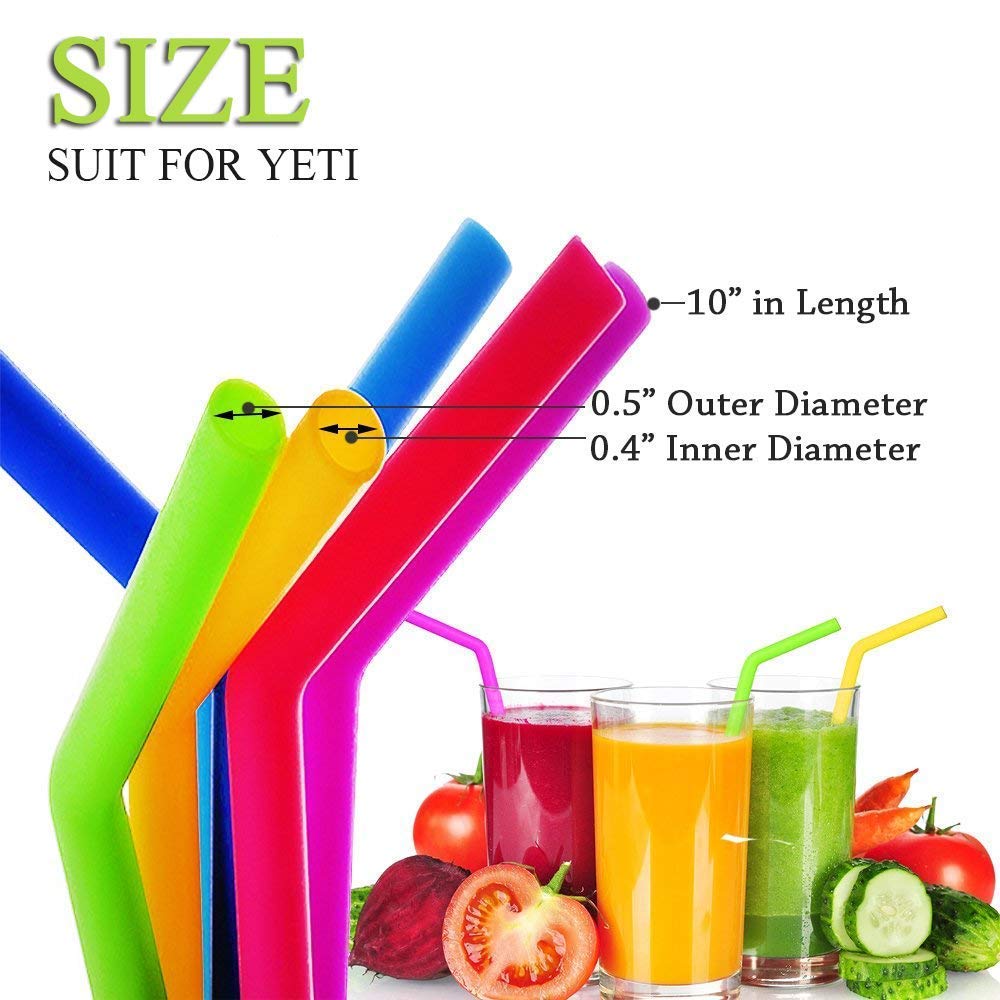 Silicone Straws Set of 8, Reusable Silicone Drinking Straws For 30oz 20oz Cups Yeti Ozark Trail Rtic Tumblers, 10.5\'\' Length, 10mm Diameter, BPA Free (6 Straws + 2 Brushes)