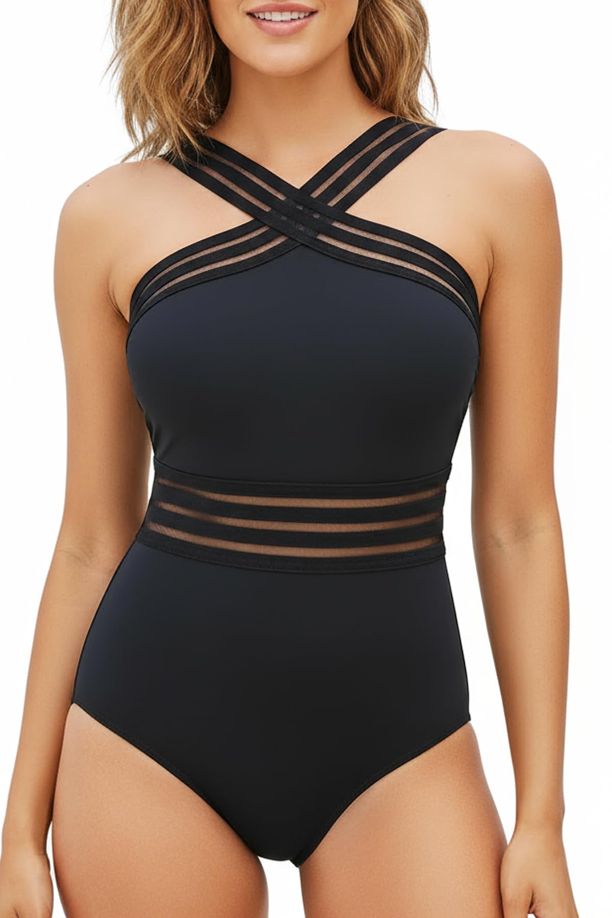 Photo 1 of Tempt Me Women Black Crisscross One Piece Swimsuits Mesh Tummy Control Bathing Suits Front Crossover Swimwear M