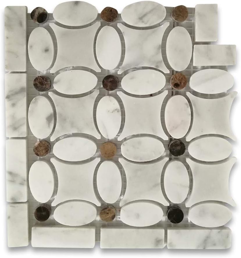 Stone Center Online Carrara White Marble Flower Mosaic Border Corner Tile w/Emperador Dark Brown Dots Polished Kitchen Bath Wall Floor Backsplash Shower (1 Sheet)