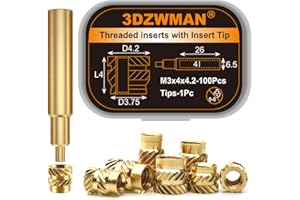 3DZWMAN M3 Threaded Inserts for plastic-100Pcs M3xL4xD4.2 with Heat Set Insert Tools-Brass Metric Knurled Nuts for 3D Printing Components and Plastic Parts