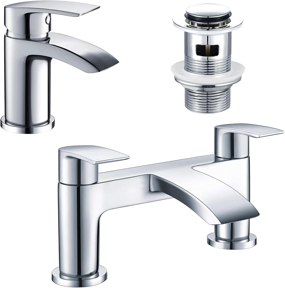 Hapilife Chrome Brass Waterfall Bath Tap & Basin Mixer Tap Set with Slotted Pop