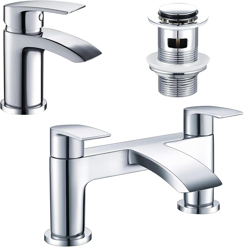 Hapilife Chrome Brass Waterfall Bath Tap & Basin Mixer Tap Set with Slotted Pop
