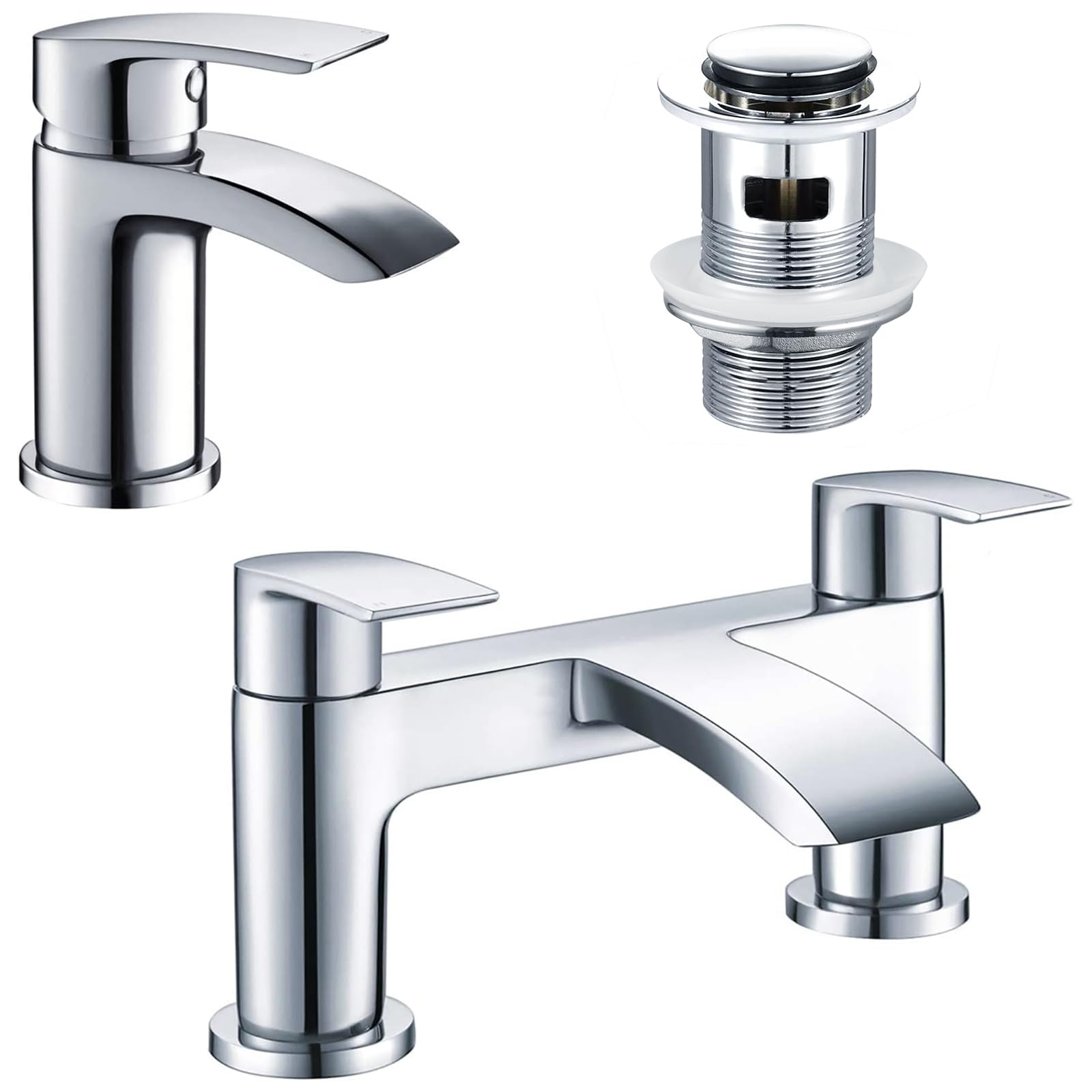Hapilife Bath Tap and Basin Mixer Tap Set with Slotted Pop up Waste Waterfall Bathroom Sink Taps Cloakroom Bathtub Tub Filler Tap Mixers Monobloc Chrome Brass Bathroom Taps Set Click Clack Modern