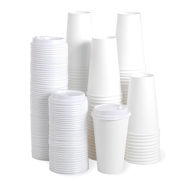 JOLLY PARTY [100 PACK] 16 OZ PAPER COFFEE CUPS, DISPOSABLE PAPER CUP WITH LIDS, HOT/COLD BEVERAGE DRINKING CUP FOR WATER, JUICE, COFFEE OR TEA, SUITABLE FOR HOME, SHOPS AND CAFES