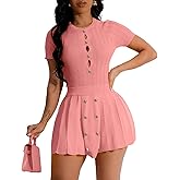 Women's 2 Piece Outfits Knitted Crop Top Pleated Mini Skirt Set for Summer Party Club Going Out