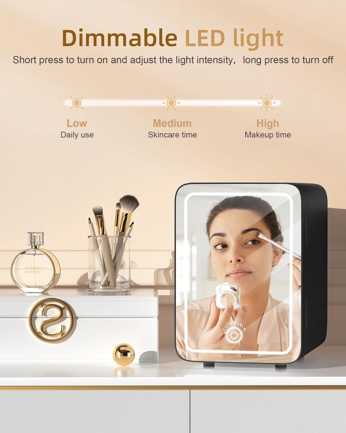 CUTIEWORLD Makeup Fridge With Dimmable LED Light Mirror, 4L Mini Fridge for Bedroom, Car, Office & Dorm, Cooler & Warmer, Portable Small Refrigerator for Cosmetics, Skin Care and Food, Black - Image 3