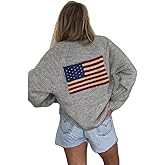 American Flag Knit Sweater Cardigan for Women USA Flag Star Stripe Print Open Front Vintage Knitwear Cardigans