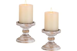 Inweder Wood Pillar Candle Holder: 2Pcs Rustic White Candle Holders for Pillar Candles Wood Candle Holders Distressed Wooden Farmhouse Candle Holder Large Rustic Candle Holder for Fireplace Table