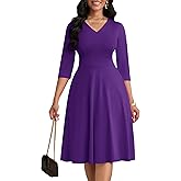 CLOCOR Casual Dresses for Women Semi Formal Fit and Flare Dress A-Line V-Neck 3/4 Sleeve Church Dresses with Pockets
