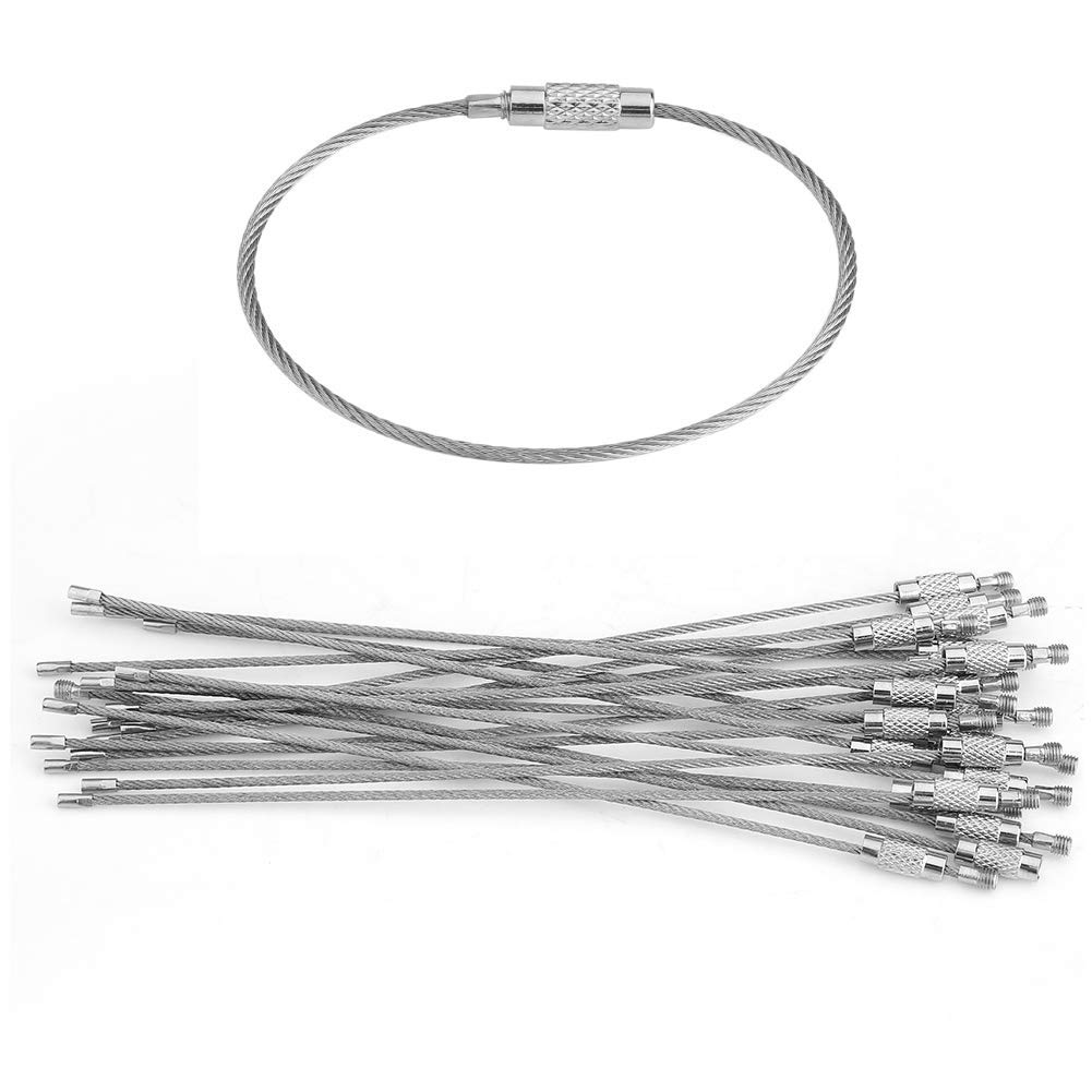 Hztyyier 20Pcs 15cm Wire Keychain Cable, Silver Key Ring Loop with Screw Locking for Outdoor Activity Hiking Luggage Tags Handcraft Materials