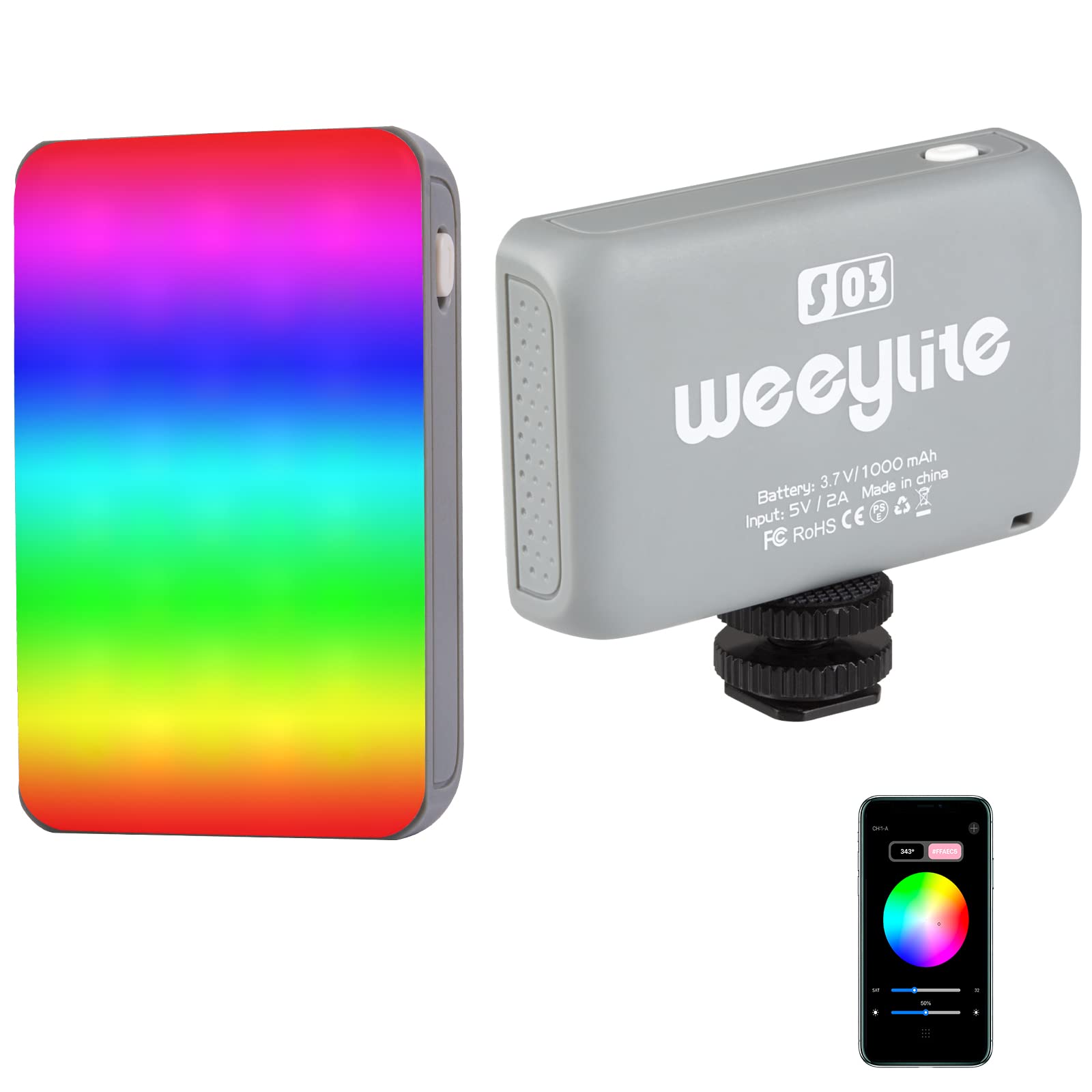 Weeylite S03 Mini RGB Video Lights,APP Control Portable LED On-Camera Photography Light,360° Full Color Rechargeable CRI 95+ 2800-6800K Dimmable Panel Lamp with Cold Shoe -Yellow
