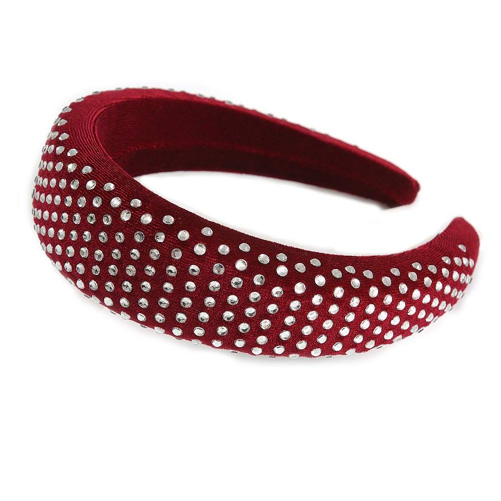 Retro Thicken Padded Velvet Diamante Wide Chunky Hair Band/HeadBand/Alice Band in Burgundy
