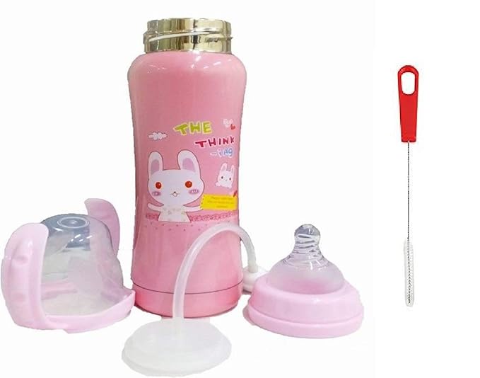 Gilli Shopee Double Wall Insulated Kids Stainless Steel Bottle, Anti Colic Feeding Bottle with Straw Cleaning Brush (240Ml) (Pink)