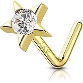 COCHARM 14K Real Gold Star Nose Stud 20g Yellow Gold Bone L Bend Nostril Nose Stud 7mm Long Opal Nose Piercing 14kt Real Gold Nose Stud Ring Hypoallergenic Press Fit Nose Jewelry