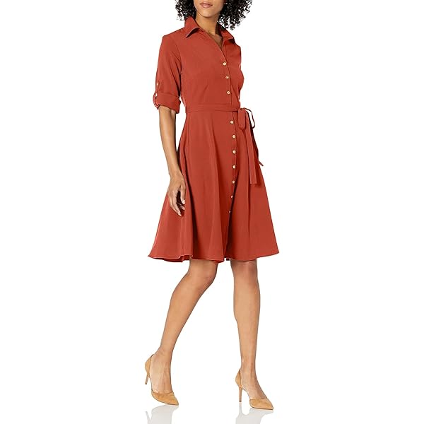 Button Down Shirt Dress with Tie Belt, Short Sleeve, Orange, Knee Length at  Amazon Women's Clothing store