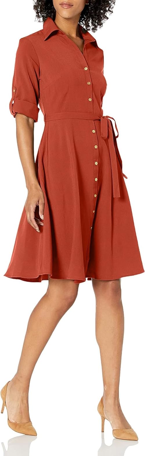 Sharagano Women's Button Front Pleated Shirt Casual Dress, Arabian Spice, 20W