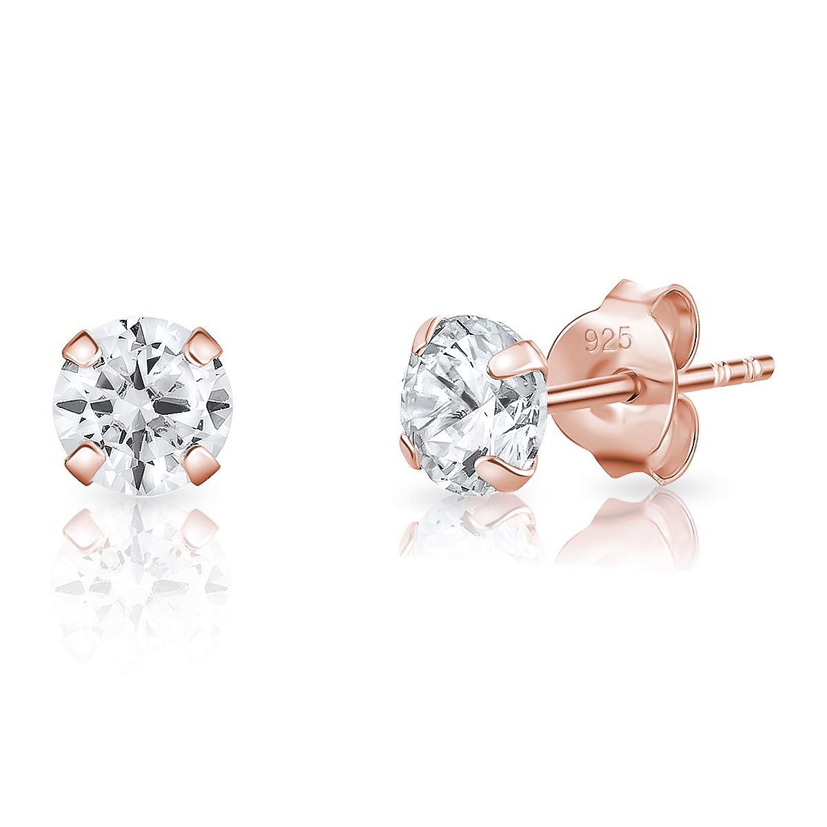 Stud Earrings with Cubic Zirconia CZ- Rose Gold Earrings - 925 Sterling Silver Earrings for Women Rose Gold Plated - Clear Stud Earrings - Diamond Earrings for Women 6 mm