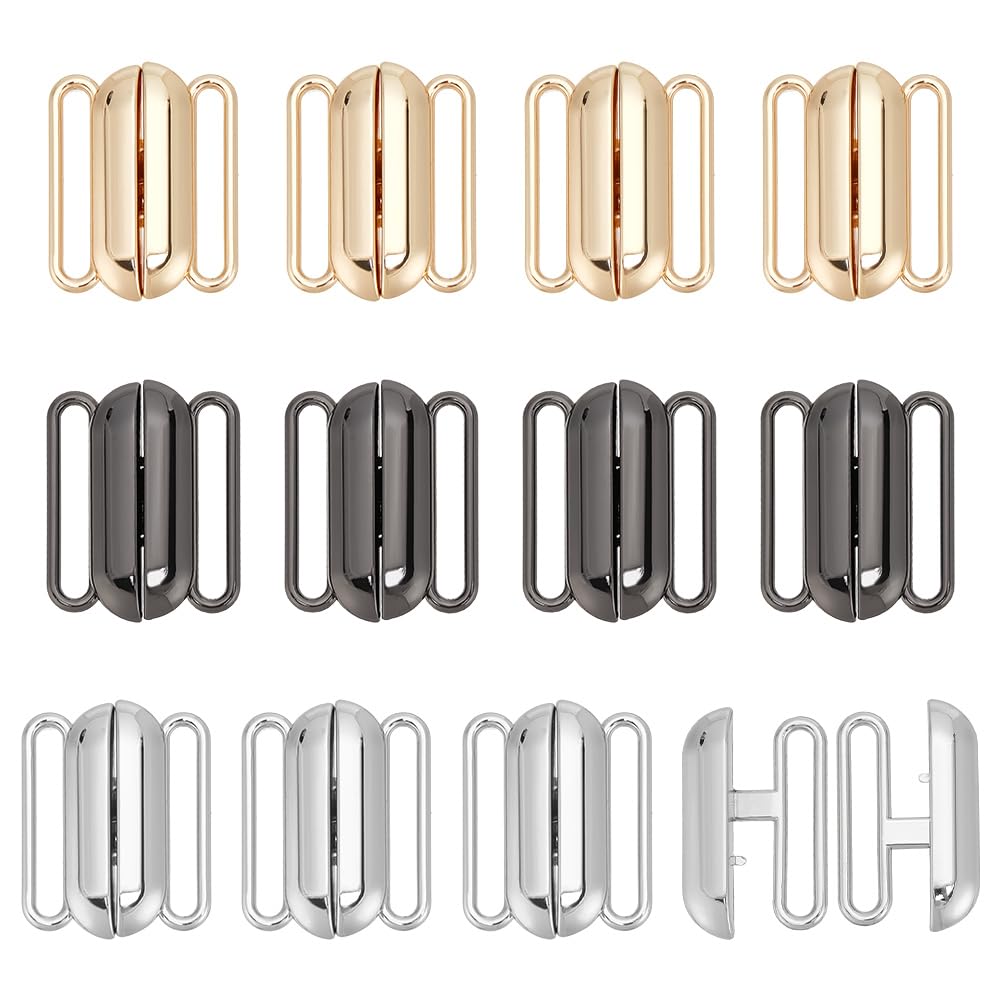 PH PandaHall 12 Sets 1" Front Closing Bikini Clasp, 3 Colors Alloy Clicker Bra Buckle Bikini Hook Closure Garment Clasps for Sewing Lingerie Swimsuit Top Sewing Garment Making DIY Craft Repair