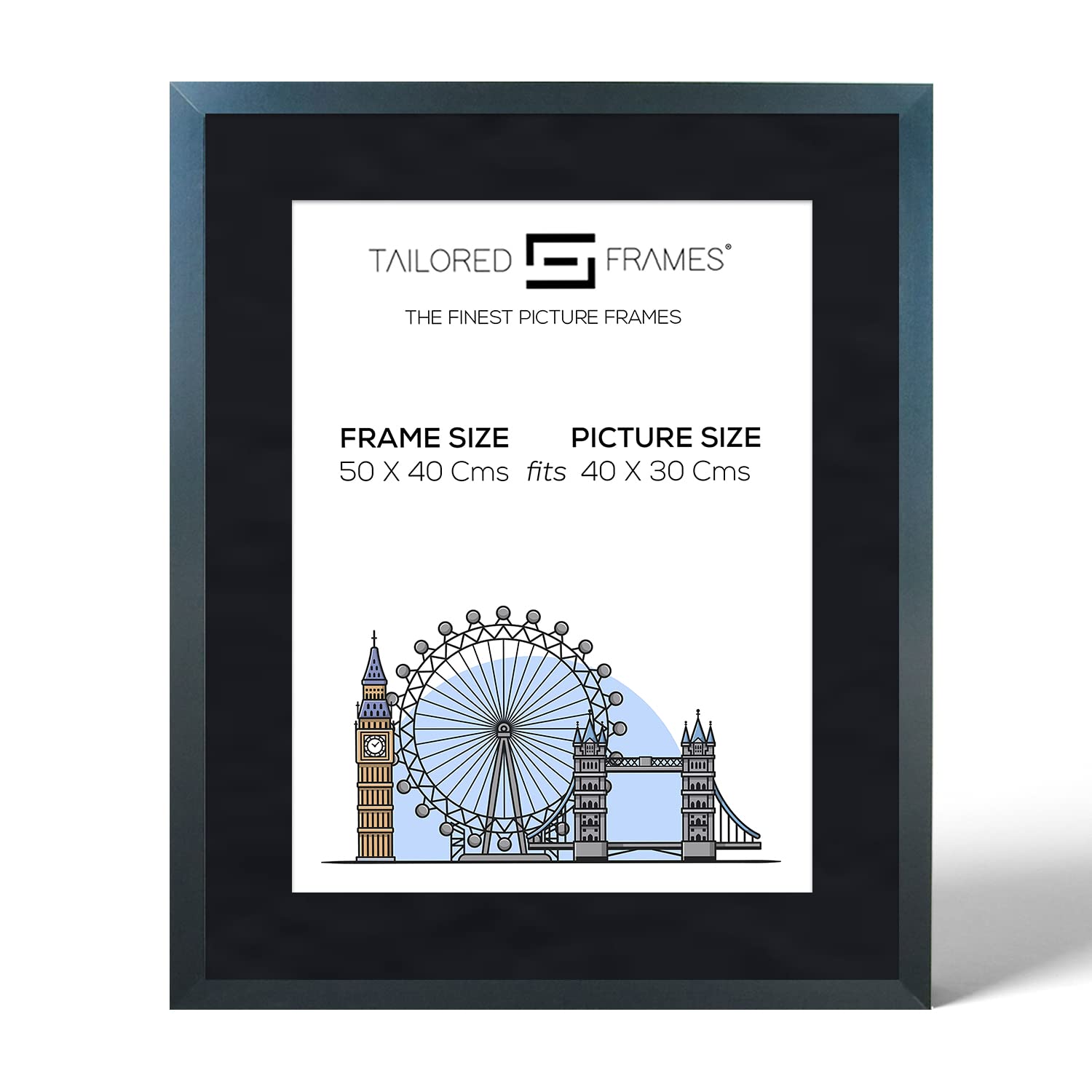Tailored Frames Seattle Black 50 x 40Cm Frame for 40 x 30Cm picture | Single Picture Frames | Wall Hanging Type | Photo Frame With Black Mount