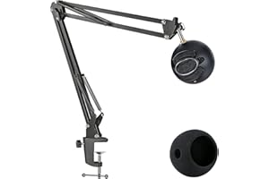 Blue Snowball Mic Boom Arm with Foam Windscreen, Microphone Suspension Boom Scissor Arm Stand with Pop Filter Cover for Blue 