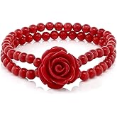 Gem Stone King 7 Inch Red Simulated Coral Bead Rose Flower Stretch Bracelet For Women 5mm
