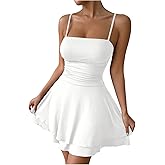 SweatyRocks Women's Spaghetti Strap A Line Mini Dress Ruched Sleeveless Layered Flowy Skater Dress
