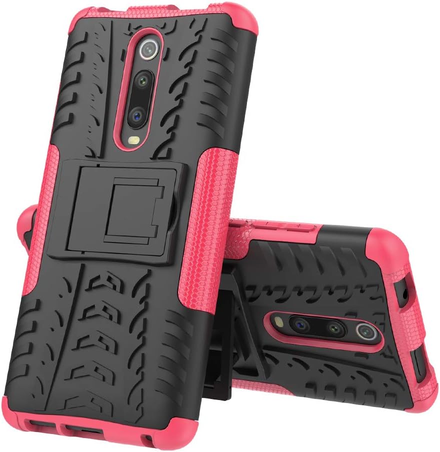 WUFONG case compatible with Xiaomi Redmi K20/K20 Pro,Tire pattern mobile phone case with bracket anti-shock anti-fall PC+TPU two-layer military-grade armor protection-Pink