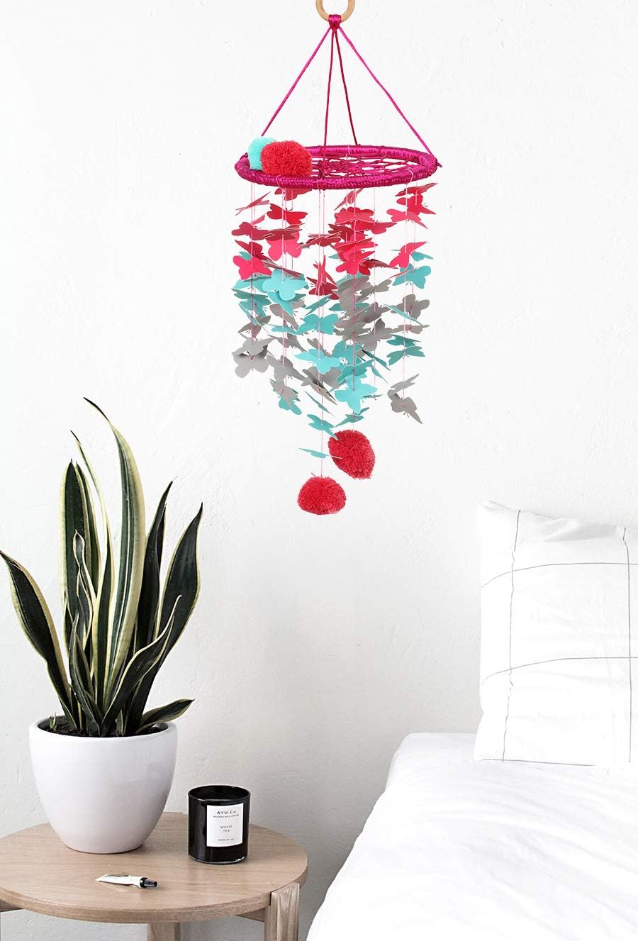 earthenmetal Nursery Mobile Butterfly Chandelier Dream Catcher Room décor Baby Gift(Pink,Teal Green and Grey Made of Cardstock Paper)