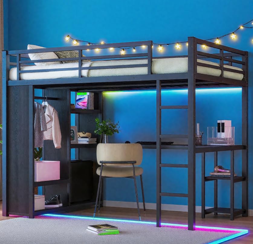Photo 1 of *ONLY BOX 1 OF 3* Bellemave Queen Size Loft Bed with Desk, Wardrobe, Metal Queen Loft Bed Frame for Adults, Kids, Teens, Black