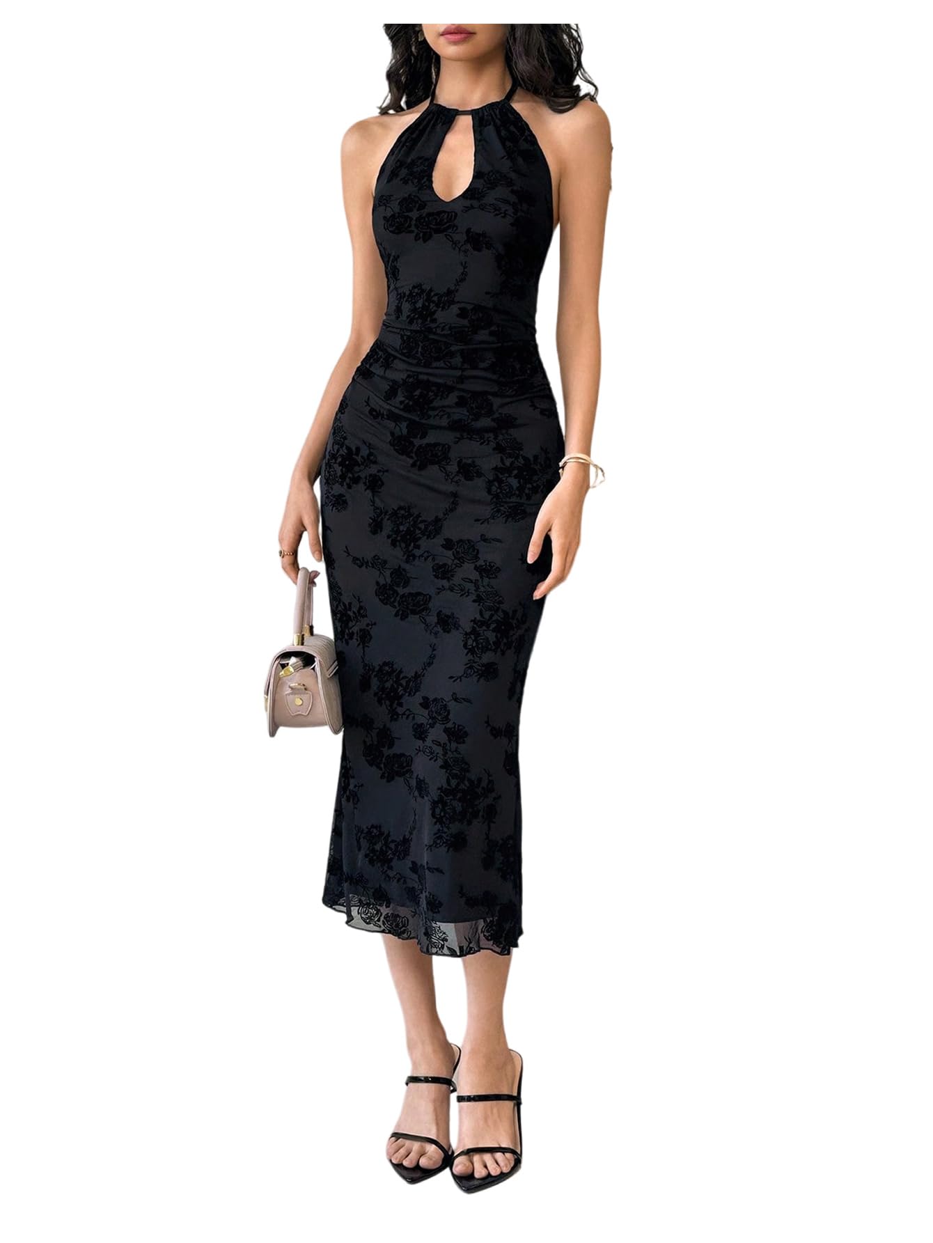 GORGLITTER Women's Mesh Ruched Floral Bodycon Midi Dress - Sleeveless Fishtail Camisole Dress - View #4