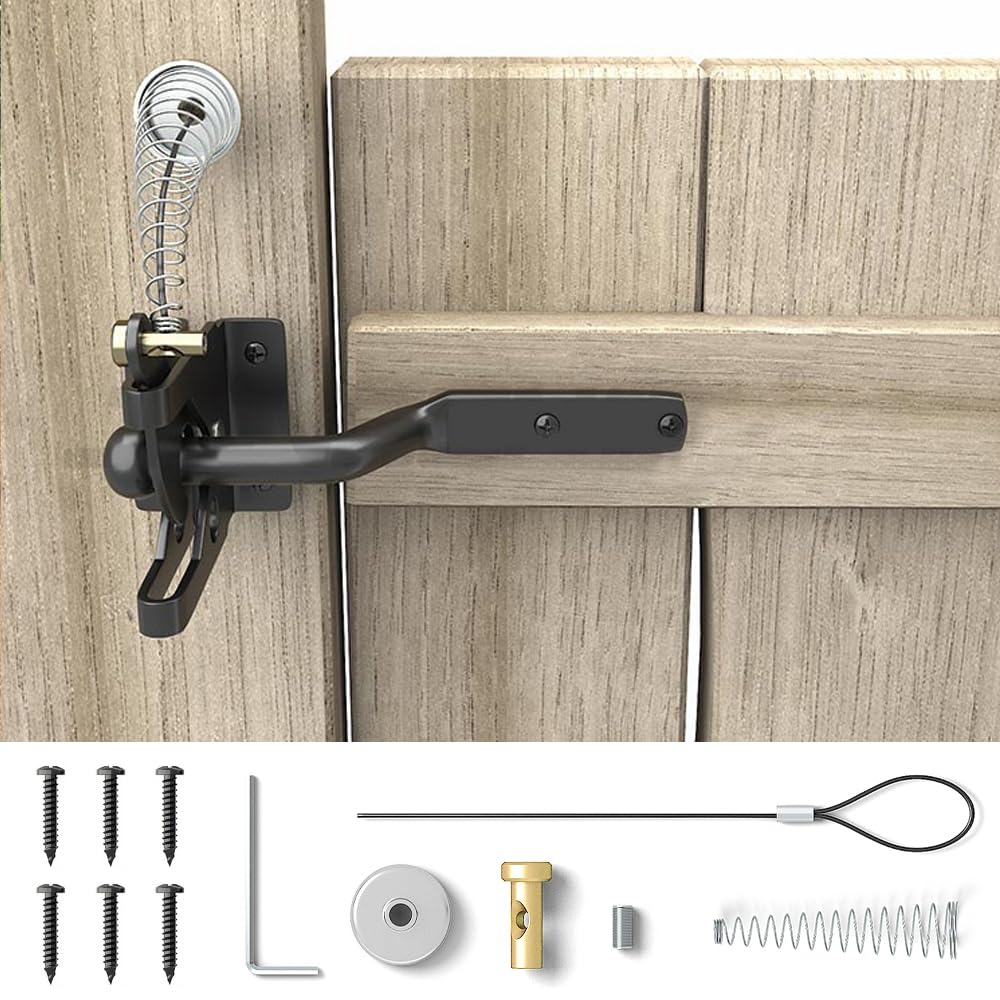 ADERTOS Self Locking Gate Gravity Latch Carbon Steel Auto Gate Latch Garden Gate Latches and Catches with Adjustable Gate Latch Cable Pull for Metal Wooden Fences Gates Sheds - Black, Spring Loaded