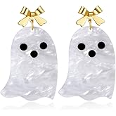 Halloween Ghost Earrings for Women – Spooky Cute 14K Gold Plated Bow Dangle Jewelry, Fun Halloween Accessories Gifts