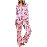 Aopwsrlyi Christmas Pajamas for Women Satin Silk Lounge Set Long Sleeve Button Down Shirt Pants Set 2 Piece Pjs Set