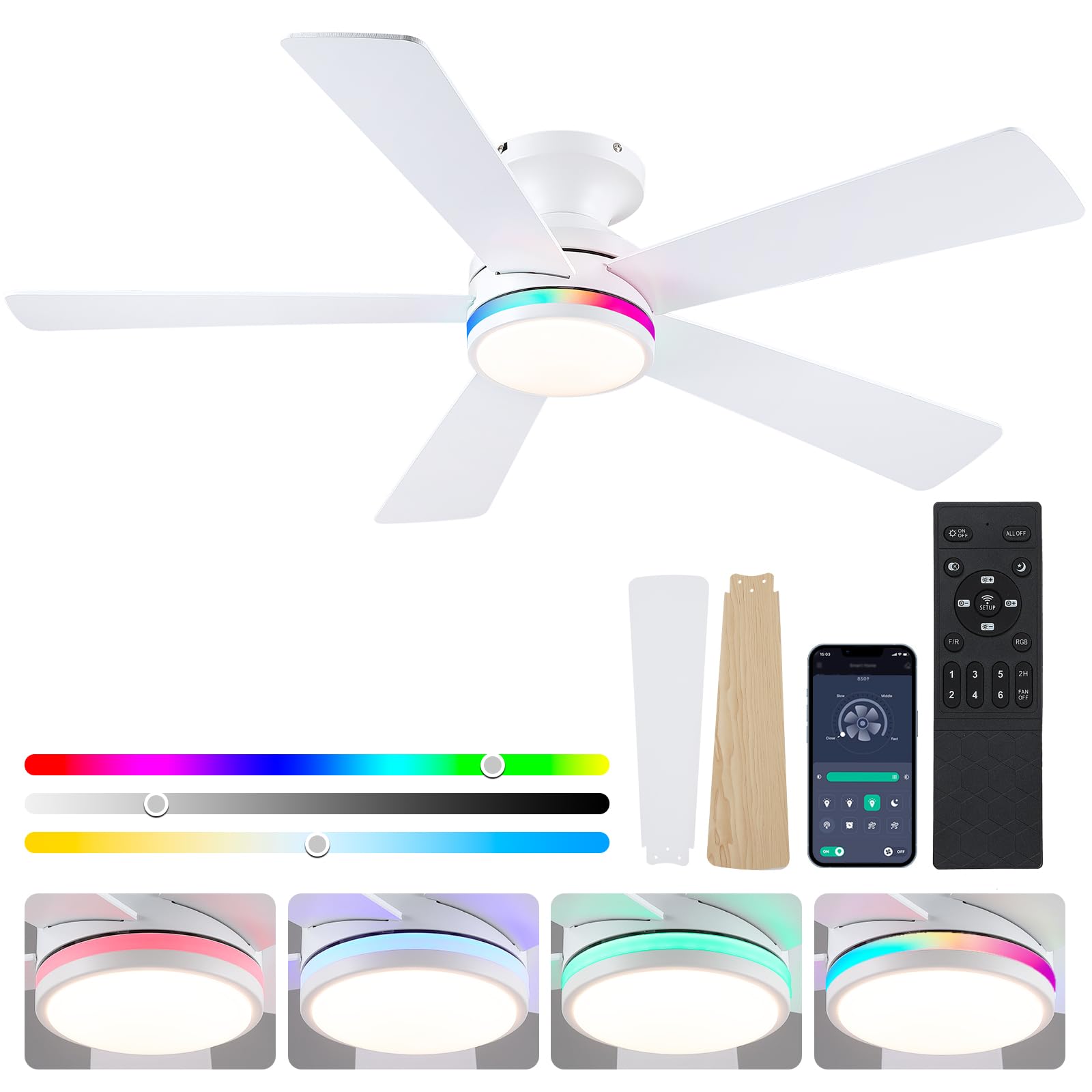 Photo 1 of BYKISTOK 46" Flush Mount RGB Ceiling Fans with Lights - White Low Profile Ceiling Fan Light with Remote/APP, RGB+3CCT 6 Wind Speeds and Reversible, Modern Fan Light Fixture for Party, Kiad's Room