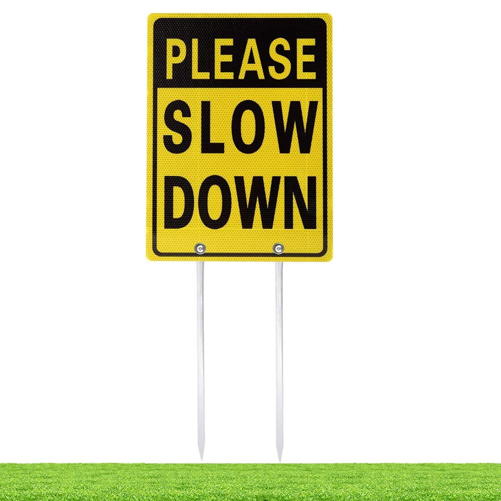 Photo 1 of Kichwit Please Slow Down Sign, 16 Inch x 12 Inch/28 Inch High, Double Sided Aluminum Reflective Slow Down Sign with Metal Stakes