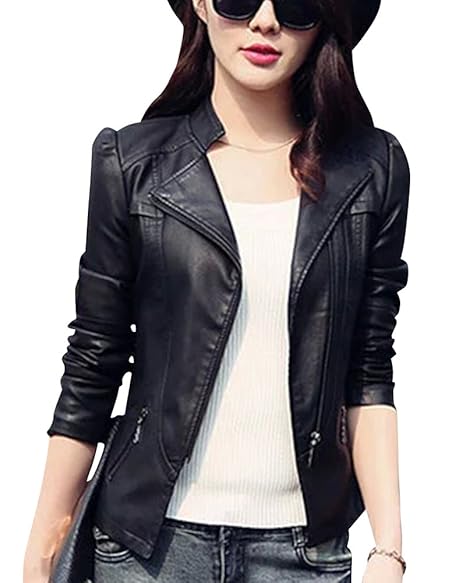 Damen Slim PU Leder Kurz Motorradjacke Mit Reißverschluss Langarm Blazer Mäntel