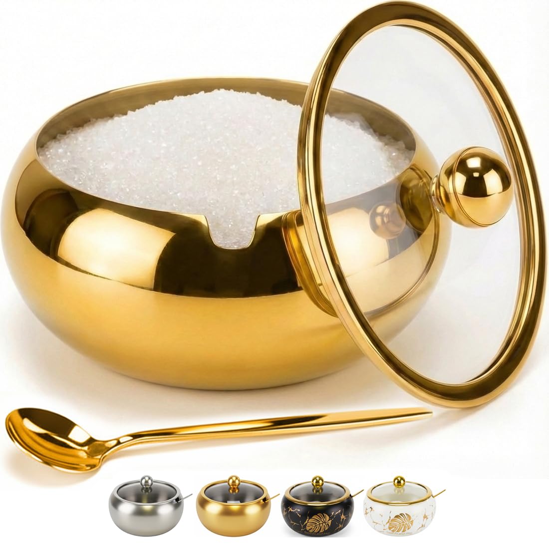 Photo 1 of *MINOR DAMAGE - USED*
15OZ Sugar Bowl with Glass Lid and Spoon, Sugar Container of Coffee Bar Accessories, Stainless Steel Jar for Salt, Tea, Brown Sugar Cube, Dishwasher Safe, Kitchen Decor Countertop Storage, Gold