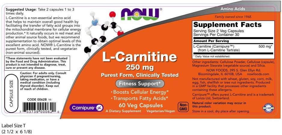 NOW Supplements, L-Carnitine 250 mg, Purest Form, Amino Acid, Fitness Support*, 60 Veg Capsules: Health & Personal Care