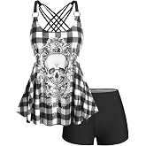 Rosegal Womens Plus Size Gothic Skull Plaid Padded Boyleg Strappy Modest Tankini Swimsuit Set
