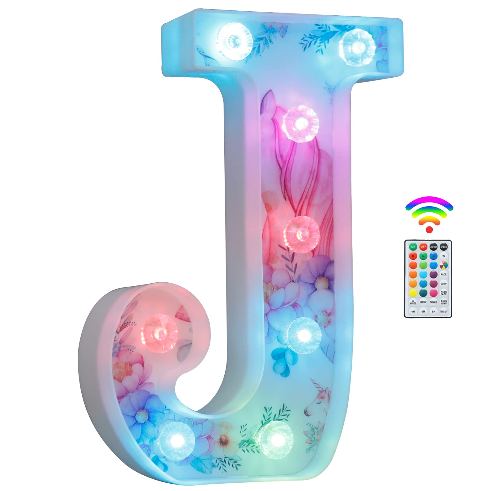Unicorn Light Up Letters, LED Letter Lights 18 Color Changing Diamond Alphabet Sign Unicorn Gifts for Girls Women Party Birthday Decorations Remote Night Light Christmas Valentine Wall Table Decor - J
