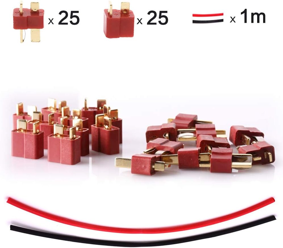 YIXISI 25 works T Male Female Plug Connectors Adapter, with 1m Heat Shrinkable Tube, T-Plug Connectors, Deans Ultra Plugs